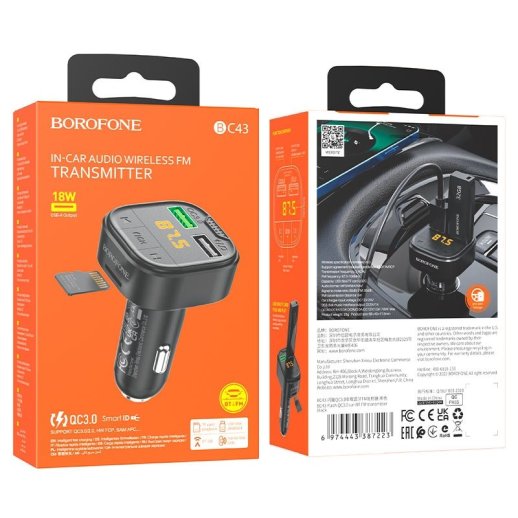 FM Модулятор BOROFONE BC43 з підтримкою швидкого заряджання QC3.0  Bluetooth / гучномовець