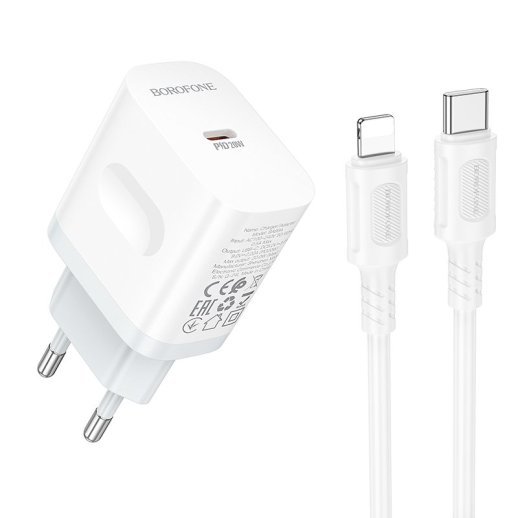 Мережевий зарядний пристрій BOROFONE BA99A TYPE-C PD 20W + кабель TYPE-C - LIGHTNING, білий