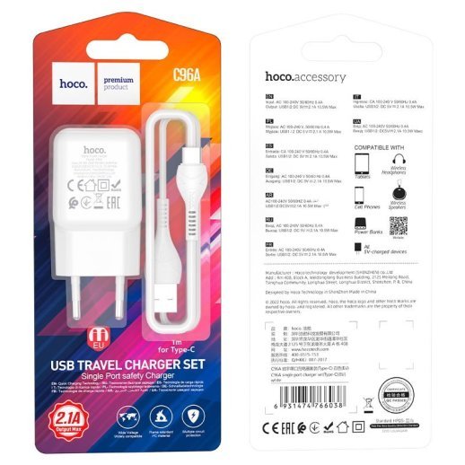 Мережевий зарядний пристрій HOCO C96A USB 2.1A + КАБЕЛЬ USB - Type-C білий