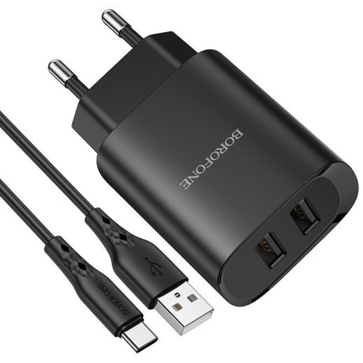 СЗУ Borofone BN2 (2USB/2,1A) + USB - Type-C (черный)