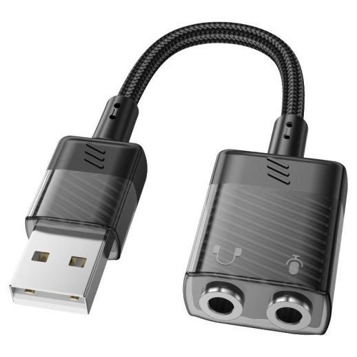 Аудіо-конвертор HOCO LS37 Spirit зовнішня звукова карта USB-A (штекер) на два 3,5мм гнізда (мама), 0.15м, чорний