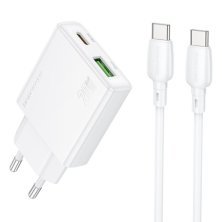 Мережевий зарядний пристрій BOROFONE BN24 TYPE-C PD 20W / USB QC3.0 + кабель TYPE-C - TYPE-C, білий