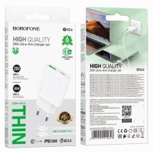 Мережевий зарядний пристрій BOROFONE BN24 TYPE-C PD 20W / USB QC3.0 + кабель TYPE-C - TYPE-C, білий