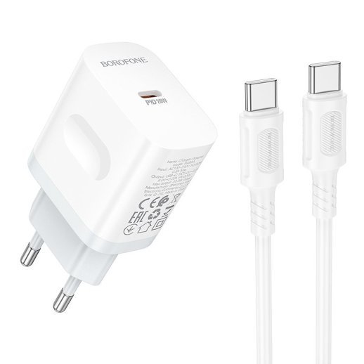 Мережевий зарядний пристрій BOROFONE BA99A TYPE-C PD 20W + кабель TYPE-C - TYPE-C, білий