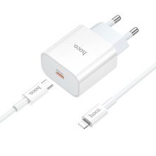 Мережевий зарядний пристрій HOCO NT10 TYPE-C PD 20W + кабель TYPE-C - LIGHTNING, БІЛИЙ