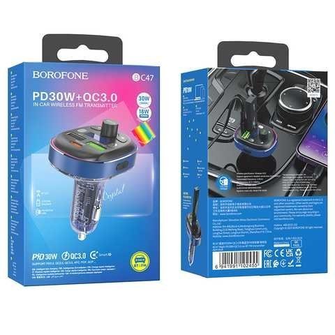 FM Модулятор BOROFONE BC47 з підтримкою швидкого заряджання QC3.0  Bluetooth / гучномовець СИНІЙ