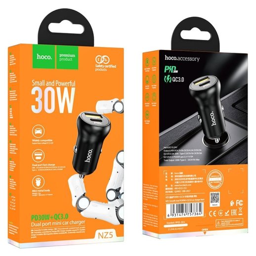 Автомобільний зарядний пристрій HOCO NZ5 Smooth road 30W Type-C PD + USB-A QC3.0 ЧОРНИЙ