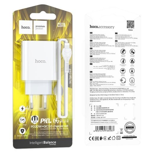 Мережевий зарядний пристрій HOCO C97A TYPE-C PD 20W + USB QC 3.0 + кабель TYPE-C - LIGHTNING, БІЛИЙ