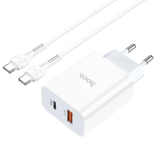 Мережевий зарядний пристрій HOCO C97A TYPE-C PD 20W + USB QC 3.0 + кабель TYPE-C - LIGHTNING, БІЛИЙ