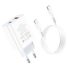 Мережевий зарядний пристрій HOCO C97A TYPE-C PD 20W + USB QC 3.0 + кабель TYPE-C - LIGHTNING, БІЛИЙ