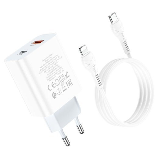Мережевий зарядний пристрій HOCO C97A TYPE-C PD 20W + USB QC 3.0 + кабель TYPE-C - LIGHTNING, БІЛИЙ