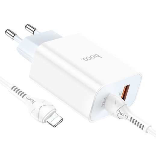 Мережевий зарядний пристрій HOCO C97A TYPE-C PD 20W + USB QC 3.0 + кабель TYPE-C - LIGHTNING, БІЛИЙ