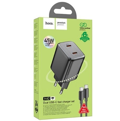 Мережевий зарядний пристрій HOCO N42 2 TYPE-C PD 45W + КАБЕЛЬ Type-C - Type-C, ЧОРНИЙ