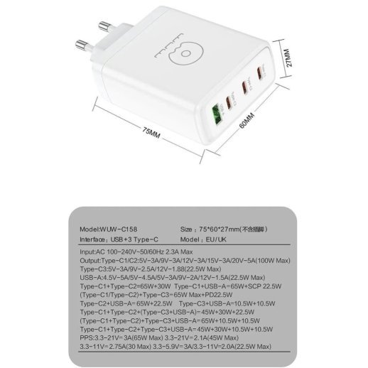 Мережевий зарядний пристрій WUW C158 GaN 100W USB + 3 TYPE-C