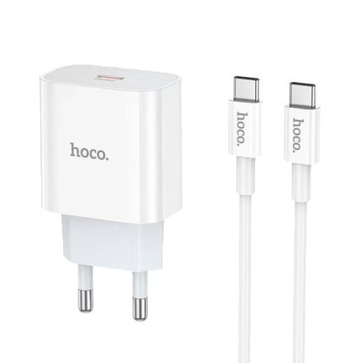 Мережевий зарядний пристрій HOCO NT10 TYPE-C PD 20W + кабель TYPE-C - TYPE-C, БІЛИЙ