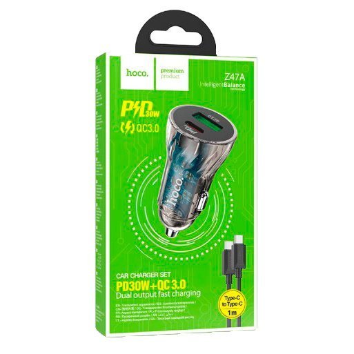 Автомобільний зарядний пристрій HOCO Z47A PD 30W TYPE-C / USB QC 3.0 + КАБЕЛЬ TYPE-C - TYPE-C, чорний