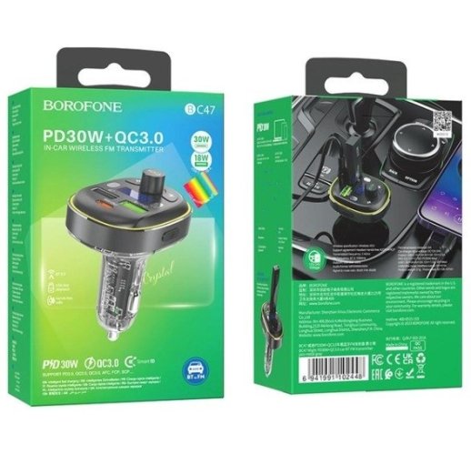 FM Модулятор BOROFONE BC47 з підтримкою швидкого заряджання QC3.0  Bluetooth / гучномовець СІРИЙ