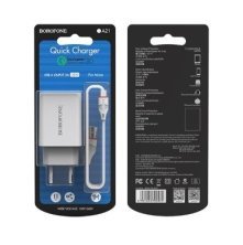 Мережевий зарядний пристрій BOROFONE BA21A Long journey single port QC3.0 + кабель USB - Micro-USB, БІЛИЙ