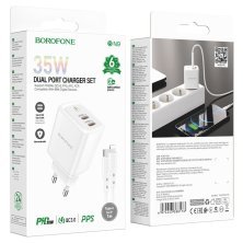 Мережевий зарядний пристрій BOROFONE BN9 Reacher 2*Type-C PD 35W + кабель TYPE-C - LIGHTNING, білий