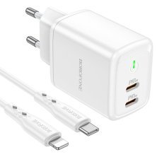 Мережевий зарядний пристрій BOROFONE BN9 Reacher 2*Type-C PD 35W + кабель TYPE-C - LIGHTNING, білий