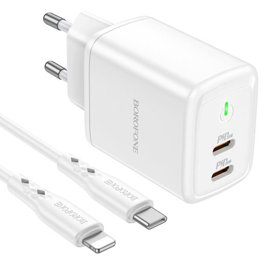 Мережевий зарядний пристрій BOROFONE BN9 Reacher 2*Type-C PD 35W + кабель TYPE-C - LIGHTNING, білий