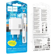 Мережевий зарядний пристрій HOCO CS55A TYPE-C PD 30W USB QC 3.0+ кабель TYPE-C - TYPE-C, білий