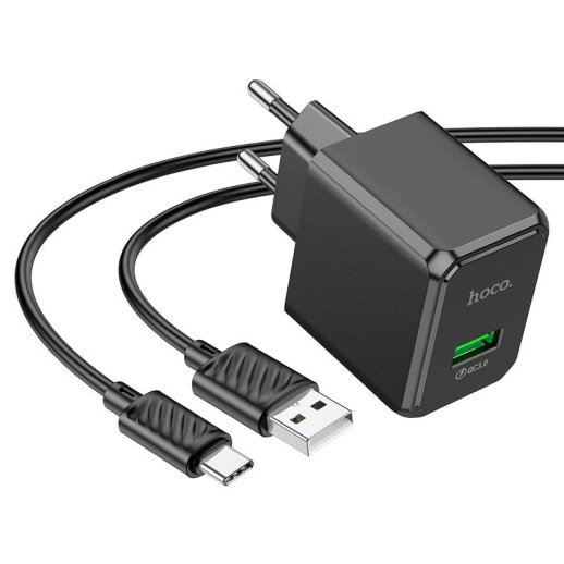 Мережевий зарядний пристрій HOCO CS12A QC3.0 USB + КАБЕЛЬ USB - Type-C ЧОРНИЙ
