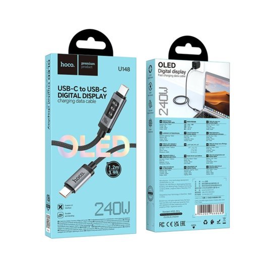USB-C кабель Hoco U148 Lord Type-C  -  Type-C 240W з цифровим дисплеєм, чорний