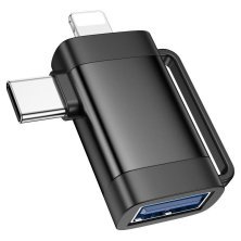 Адаптер HOCO UA31F OTG 2в1 Lightning / Type-C (папа) - USB (мама), чорний