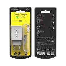 Мережевий зарядний пристрій BOROFONE BA21A Long journey single port QC3.0 + кабель USB - TYPE-C