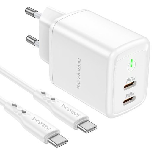 Мережевий зарядний пристрій BOROFONE BN9 Reacher 2*Type-C PD 35W + кабель TYPE-C - TYPE-C, білий