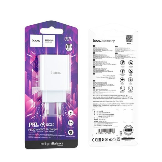 Мережевий зарядний пристрій HOCO C97A TYPE-C PD 20W + USB QC 3.0, БІЛИЙ