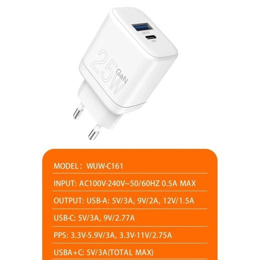 Мережевий зарядний пристрій WUW C161 GaN TYPE-C PD 25W | USB