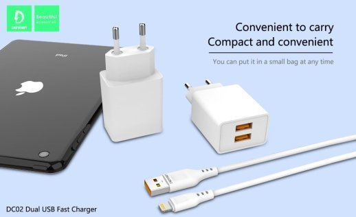 Мережевий зарядний пристрій DENMEN DC02L + USB Lightning 2.1A 2USB БІЛИЙ