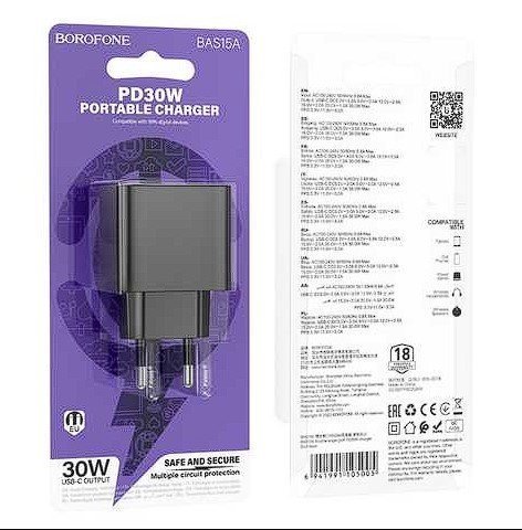 Мережевий зарядний пристрій BOROFONE BAS15A Erudite TYPE-C PD 30W, чорний