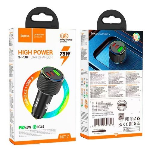 Автомобільний зарядний пристрій HOCO NZ17 Avant-garde 75W 2 TYPE-C PD 25W + 1 USB QC 3.0 18W, ЧОРНИЙ