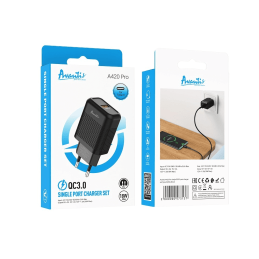 Сетевое Зарядное Устройство Avantis A420 Pro Vast power QC3.0 1USB Type-C Black