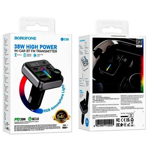 FM Модулятор BOROFONE BC50 38W TYPE-C PD 20W + USB QC3.0 18W Bluetooth / гучномовець