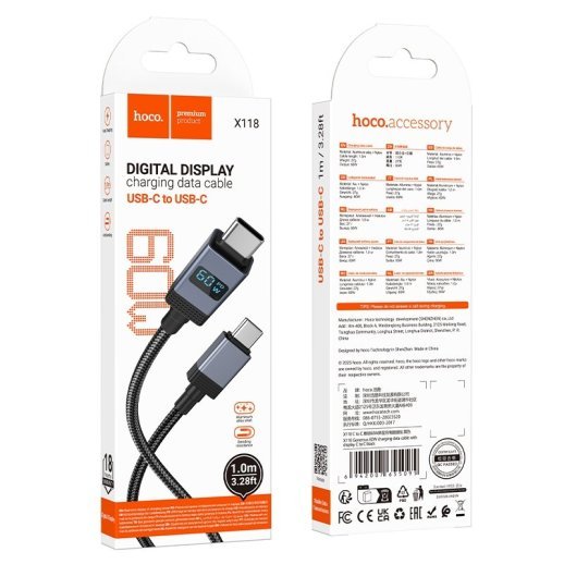 USB-C кабель HOCO X118 Type-C - Type-C, 1 м, з дисплеєм, чорний