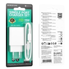 Мережевий зарядний пристрій BOROFONE BA21A PRO TYPE-C PD 20W + кабель TYPE-C - LIGHTNING, БІЛИЙ