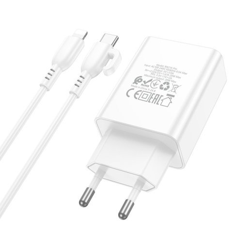 Мережевий зарядний пристрій BOROFONE BA21A PRO TYPE-C PD 20W + кабель TYPE-C - LIGHTNING, БІЛИЙ