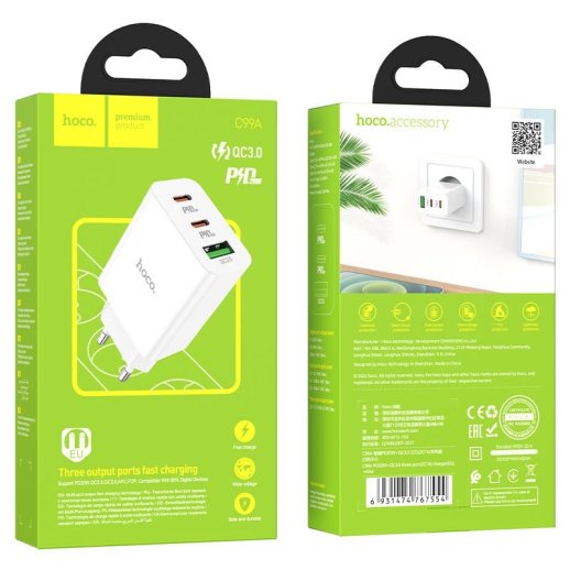 Мережевий зарядний пристрій HOCO C99A 2 TYPE-C PD 20W + USB QC 3.0