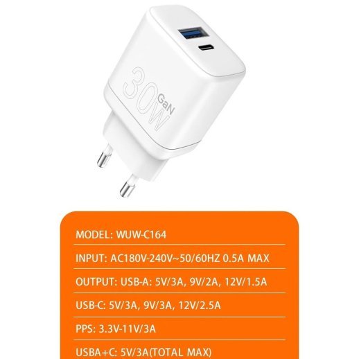 Мережевий зарядний пристрій WUW C164 GaN TYPE-C PD 30W | USB