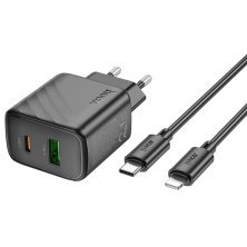 Мережевий зарядний пристрій HOCO CS23A TYPE-C PD 30W + USB QC 3.0 + КАБЕЛЬ TYPE-C - LIGHTNING, чорний