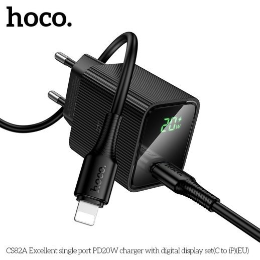 Мережевий зарядний пристрій HOCO CS82A Excellent PD20W з цифровим дисплеєм + кабель TYPE-C - LIGHTNING, чорний