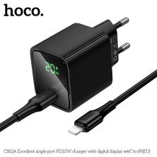 Мережевий зарядний пристрій HOCO CS82A Excellent PD20W з цифровим дисплеєм + кабель TYPE-C - LIGHTNING, чорний