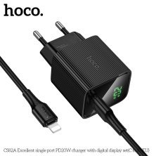 Мережевий зарядний пристрій HOCO CS82A Excellent PD20W з цифровим дисплеєм + кабель TYPE-C - LIGHTNING, чорний
