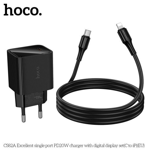 Мережевий зарядний пристрій HOCO CS82A Excellent PD20W з цифровим дисплеєм + кабель TYPE-C - LIGHTNING, чорний