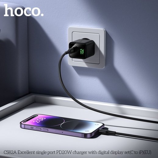 Мережевий зарядний пристрій HOCO CS82A Excellent PD20W з цифровим дисплеєм + кабель TYPE-C - LIGHTNING, чорний