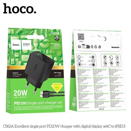 Мережевий зарядний пристрій HOCO CS82A Excellent PD20W з цифровим дисплеєм + кабель TYPE-C - LIGHTNING, чорний